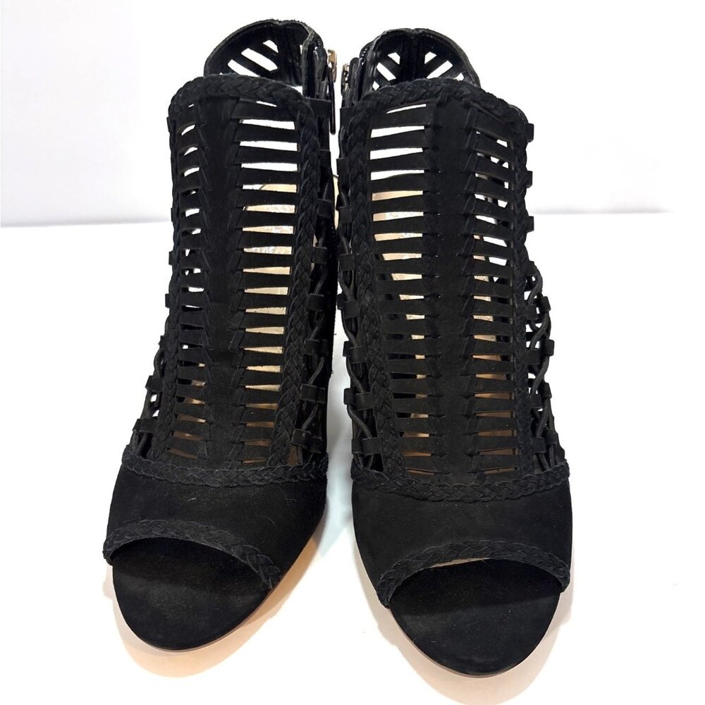 Black Peep-Toe Laser-Cut Heeled Sandals With Back Zippers & Wooden Cone Heels - Picture 4 of 9